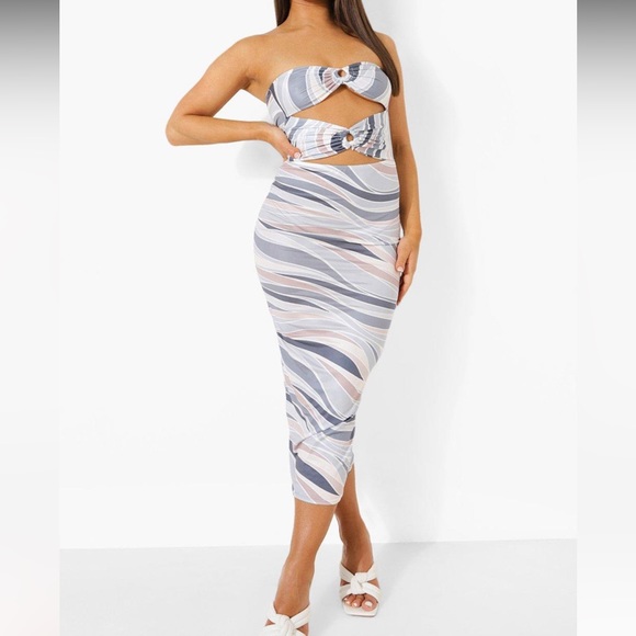 BooHoo Marble Print Bandeu Ring Detail Midaxi Dress - Picture 1 of 12